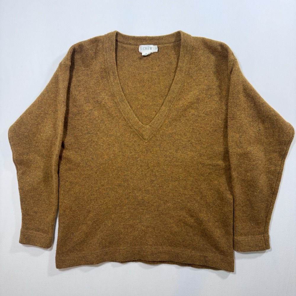 Vtg J Crew Womens Mustard Pullover Sweater M LambsWool Deep V Neck Long Sleeve